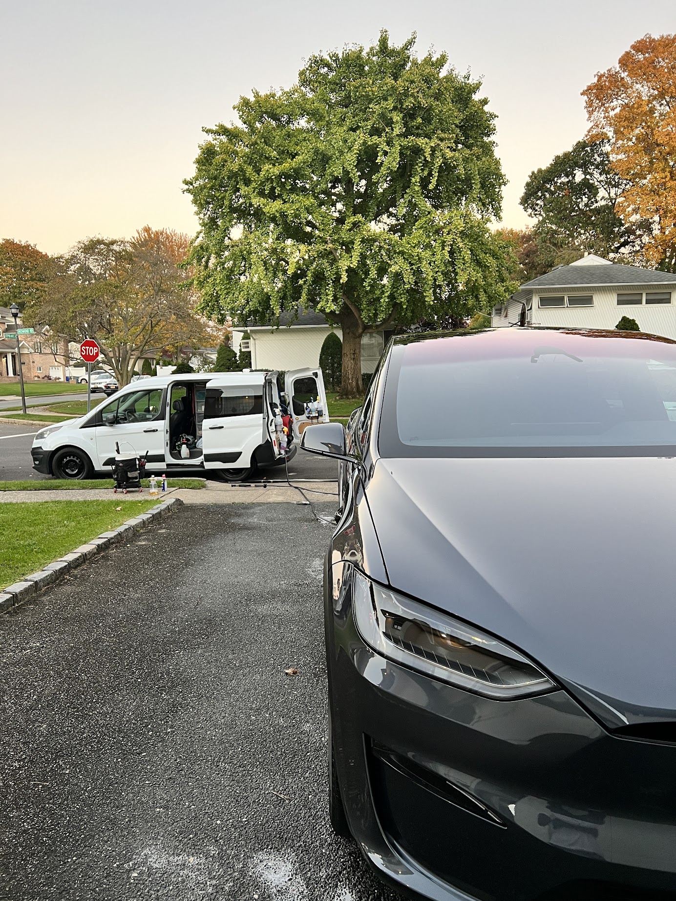 Mobile detailing van on site with Tesla